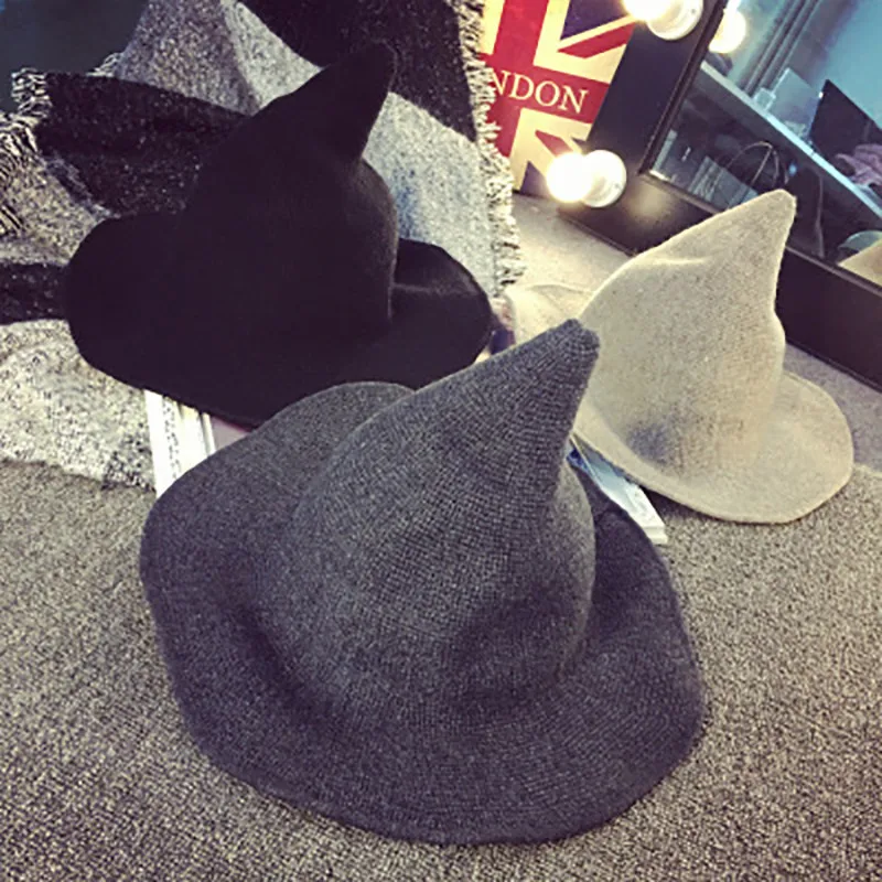 Sombrero de bruja de Halloween para hombre y mujer, gorro de punto de lana, sólido, a la moda, diversificado a lo largo del sombrero, regalos de novia