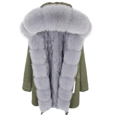 Женское пальто из натурального меха зимняя куртка с воротником из натурального Лисьего меха в полоску с подкладкой из меха кролика рекс армейская зеленая длинная парка плотное теплое пальто - Цвет: 5
