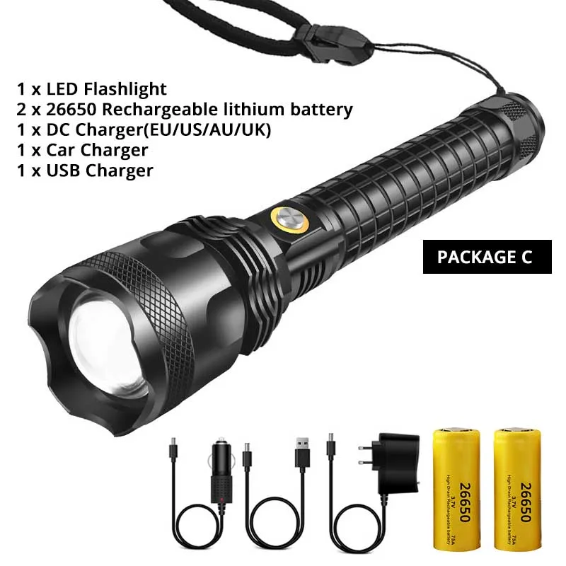 Package C S113 Powerful LED Flashlight With XHP70.2 Lamp beads Tactical waterproof LED Torch Telescopic zoom 3 lighting modes By 26650 - Испускаемый цвет: Package C