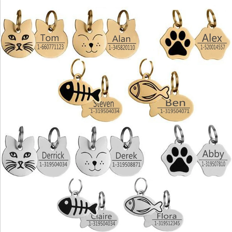 

Stainless Steel Pet ID Tags, Personalized Dog Tags & Cat Tags, Customized Back Engraving Small Brass, Cat face,Fish shape