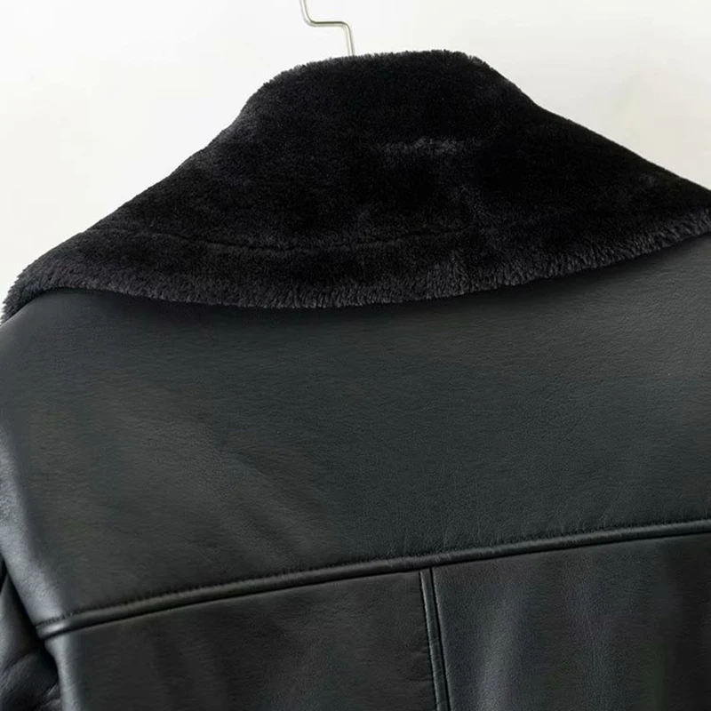 Женское стильное пальто из искусственной кожи черного цвета, модная куртка из искусственной кожи с поясом, утолщенное теплое пальто с длинным рукавом, женская зимняя верхняя одежда
