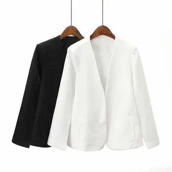 

Women elegant black white V neck coat pockets office wear solid outerwear female casual chic open stitch tops