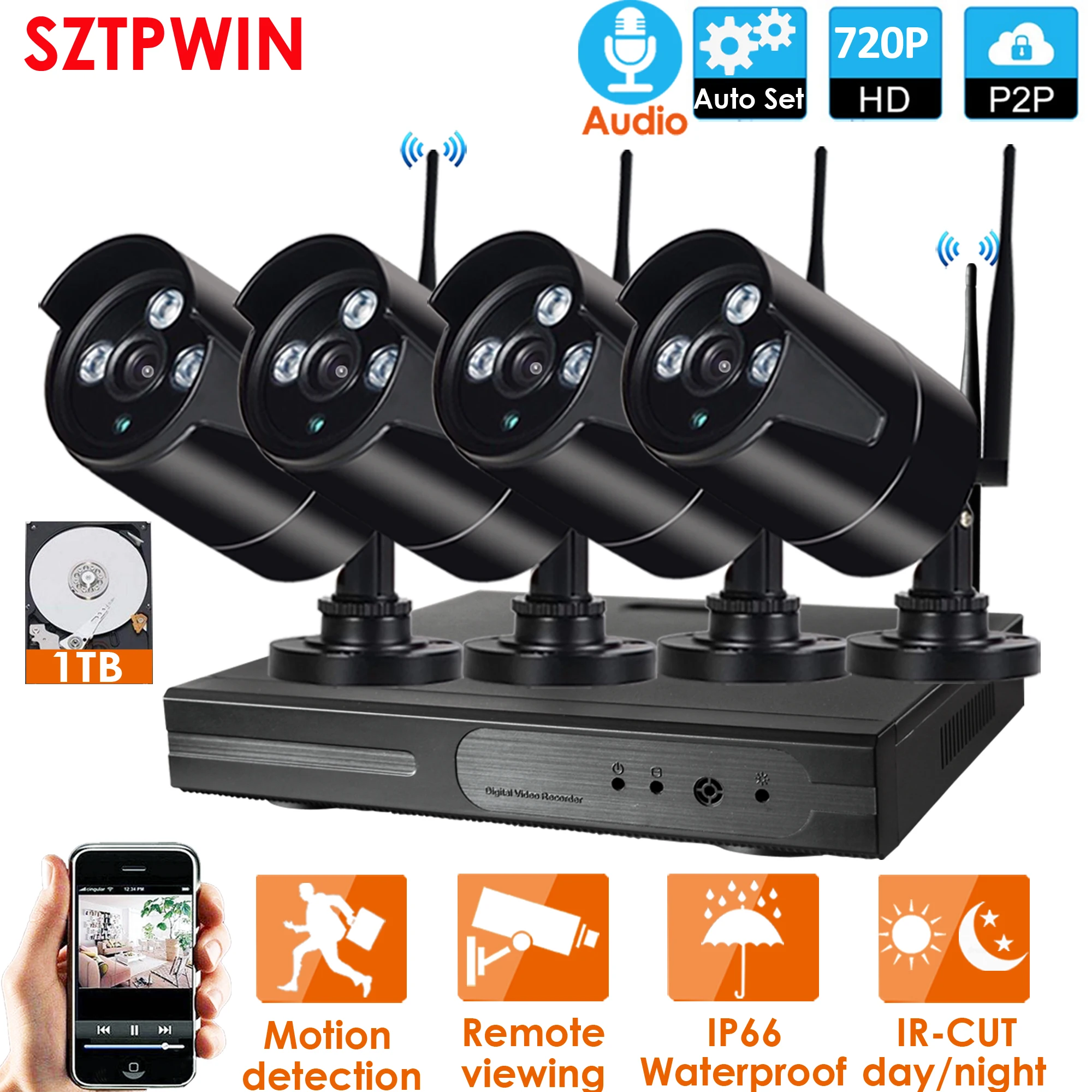 4CH 720P Аудио HD Беспроводной NVR комплект P2P 720P Крытый Открытый Черный ИК ночного видения безопасности 1.0MP аудио IP камера wifi CCTV система
