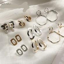 AOMU, Корея, Новые Позолоченные винтажные большие круглые жемчужные Висячие серьги, матовые геометрические овальные круглые серьги с металлическим узлом для женщин