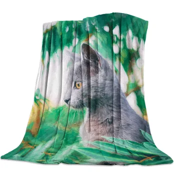 

Cat Green Leaf Oil Painting Throw Blanket Soft Comfortable Velvet Plush Blankets Warm Sofa Bed Sheets