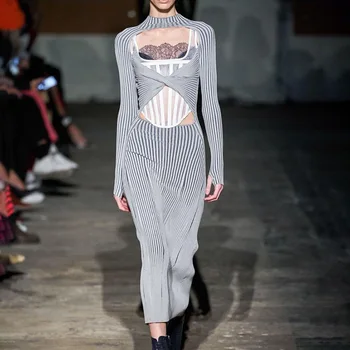 

New style knitted open back long sleeve slim pit strip front and back two way dress bottom dress female