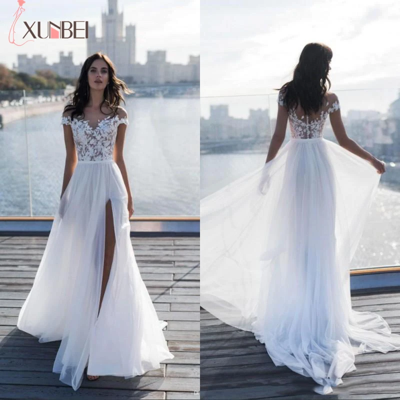 

2020 Beach Off Shoulder A Line Wedding Dresses New Thigh High Slits Bridal Gowns Chiffon Lace Appliques vestido de novia