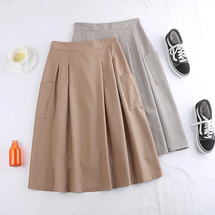 

autumn winter flexible stretch high waisted midi flare a line umbrella skirt for women khaki black grey skirts womens saia saias