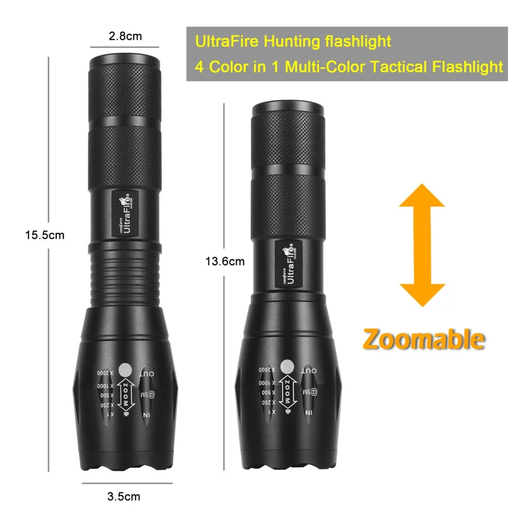 US $15.98 UltraFire Zoomable LED Multicolor Flashlight Multifunctional Tactical Torch 4 Color In 1 Hunting Fishing Lamp Flash