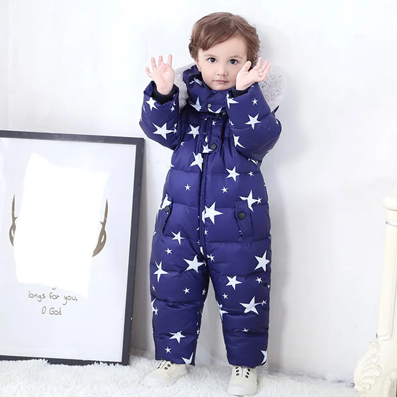 Russian Winter Kids Baby Snowsuit Fleece Liner Thick Warm Down Rompers Hooded Toddler Boys Girls Winter Jacket Ski Suit Outdoor - Цвет: Синий