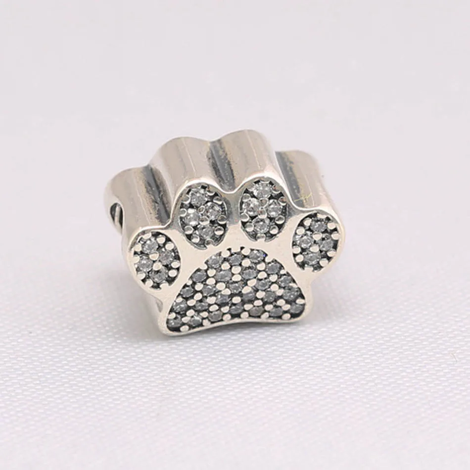 Authentic S925 Sterling Silver Bead DIY Jewelry Paw Prints Charm fit Pandora Bracelet Bangle Lady Gift Pave Clear CZ