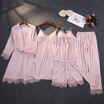 

Satin 5PCS Sleepwear Women Lace Patchwork Robe Set Summer Nighty&Robe Suit Female Kimono Bathrobe Gown Sexy Home Clothes