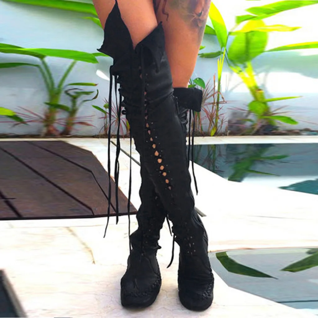 2019 New stencil women's boots straps knights shoes tassels boots flat bottom ladies western high boots for women