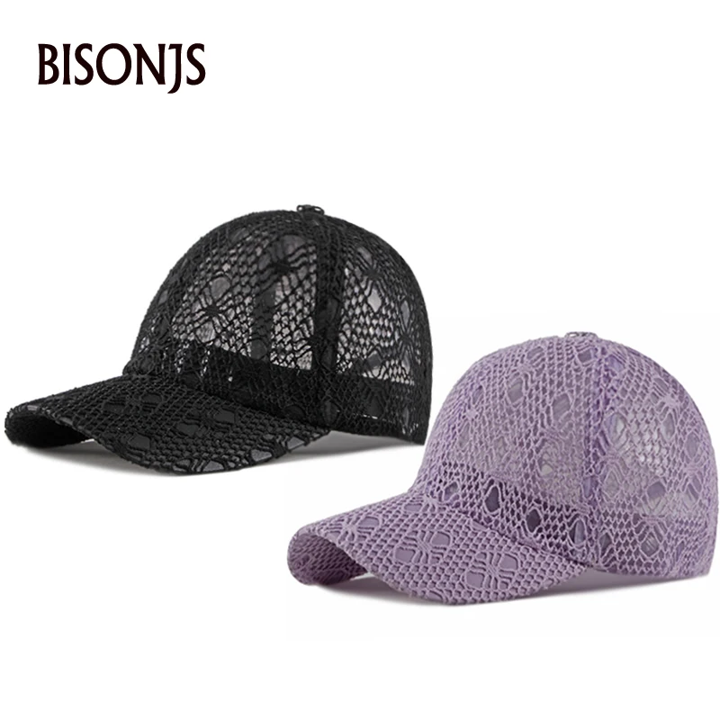 

BISONJS 2020 New Fashion Women Outdoor Lace Sunscreen Sun Hats Mesh Adjustable Snapback Caps Casual Hollowed Sports Baseball Cap