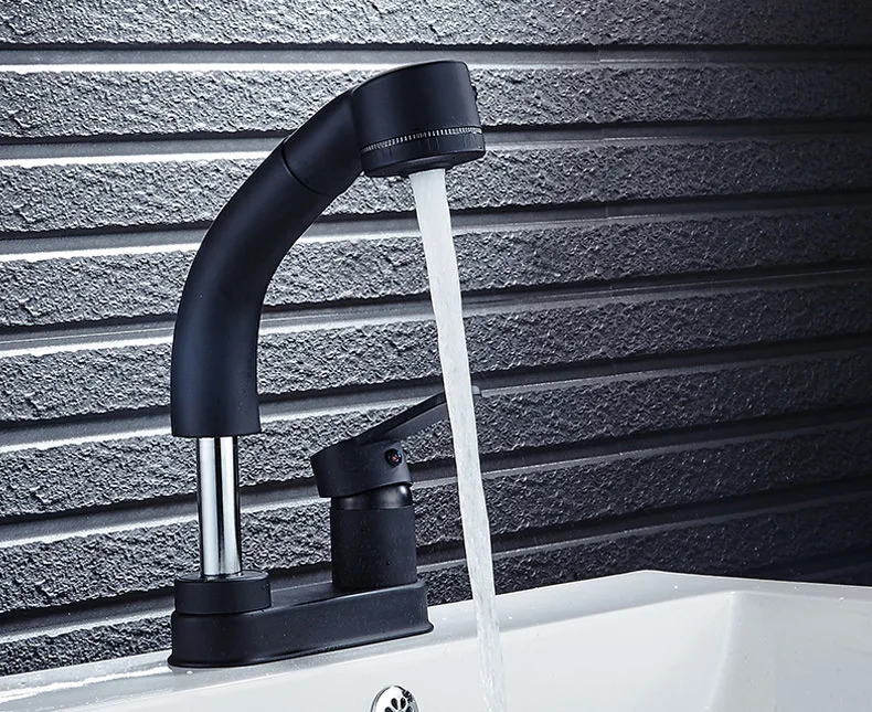

Black All-copper Retractable Cold and Hot Basin Washbasin Tremble Pull Faucet Household Rotary Shampoo Constant Temperature