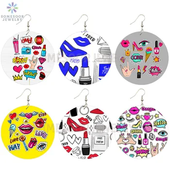 

SOMESOOR Fashion XOXO 1920 POP Wooden Drop Earrings Hugs Kisses Bubble Stickers Design Printed Dangle Jewelry For Women Gifts