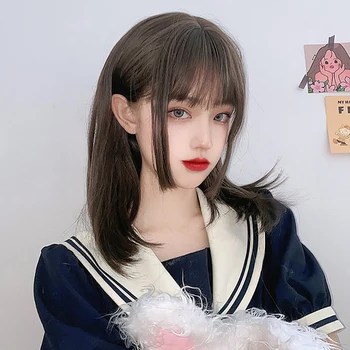 

Cosplay Lolita Synthetic Female Long Straight Hair Black Brown Student Daily Wig Fluffy Cute Wig with Air Bangs