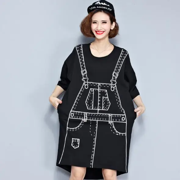 Plus Size Autumn Dress 3D Pattern Print T-Shirt Cotton Female Hlaf T Shirt Fashion Big Kawaii Punk Black Loose Tops AF213 | Женская