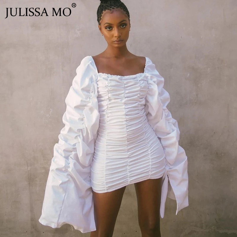 Женское платье с рюшами JULISSA MO длинным рукавом и низким вырезом Осеннее белое