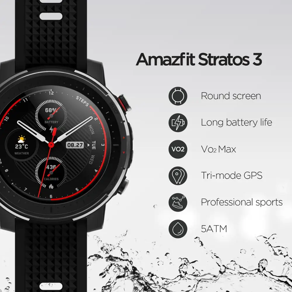 Новые мужские Смарт-часы Amazfit Stratos 3, gps, 1,34 дюймов, полнолуние, экран, 19 спортивных режимов, 5 АТМ, для плавания, для воспроизведения музыки, умные часы