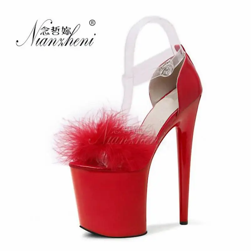 

Sexy Hollow Open Toe Women's sandals 20CM High heeled shoes Rabbit's hair 8 inches Trend Sexy Fetish Novelty Cross dressing Show