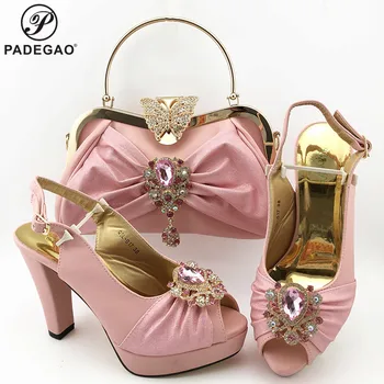 

2020 Super High Heels Nigerian Shoes With Matching Bags Set Italian Women's Party Shoes and Bag Sets with Crystal