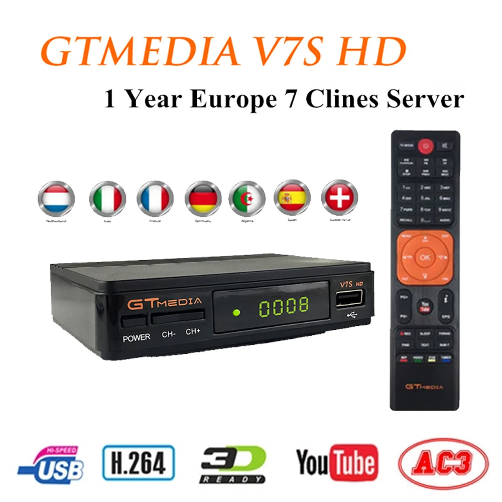 

Best DVB-S2 Receiver Gtmedia v7s HD Power 2.0 TV Satellite Receiver Free USB WIFI with 1 Year European CCCAM HD 1080p