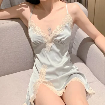 

Dream Fairy Sexy Nightgown Deep V Beautiful Back Side Open Ice Silk Female Night Gowns Summer Women Sleepwear Night Dress