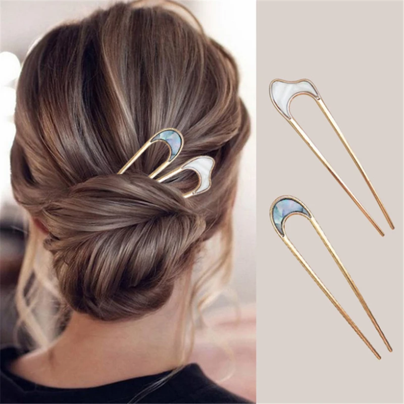 Fashion Hair Accessories Metal U Shape Hair Stick For Women Silver Gold Color Elegant Shell Enamel Hairpin Female Headwear Gifts