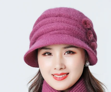 New Women Knitted Hats Winter Thicken Double Layer Casual Elegant Mixed Rabbit Hair Hat Elegant Female Hats - Цвет: leather red hat