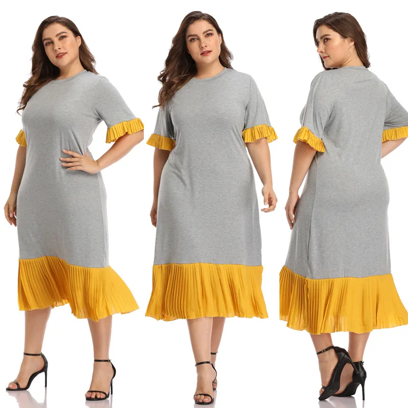 

WHZHM Ruffles Party Dresses Women Plus Size 3XL 4XL Patchwork High Cotton Casual O-Neck Robe Big Size High Waist Female Dress
