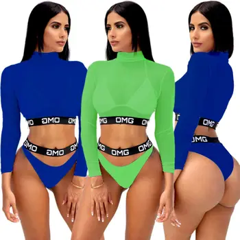 

3Pcs Brand New Summer Women Transparent Mesh Bikini Set Push-up Padded Bra+ G-string Thong+Beach Cover-up Swimsuit Biquinis Set