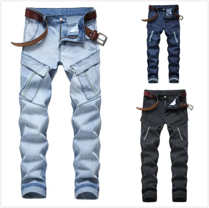 

Men's Fashion Denim Jeans Autumn Winter Jean Straight Stretch Street Style enim tide pants multi-pocket denim Pants