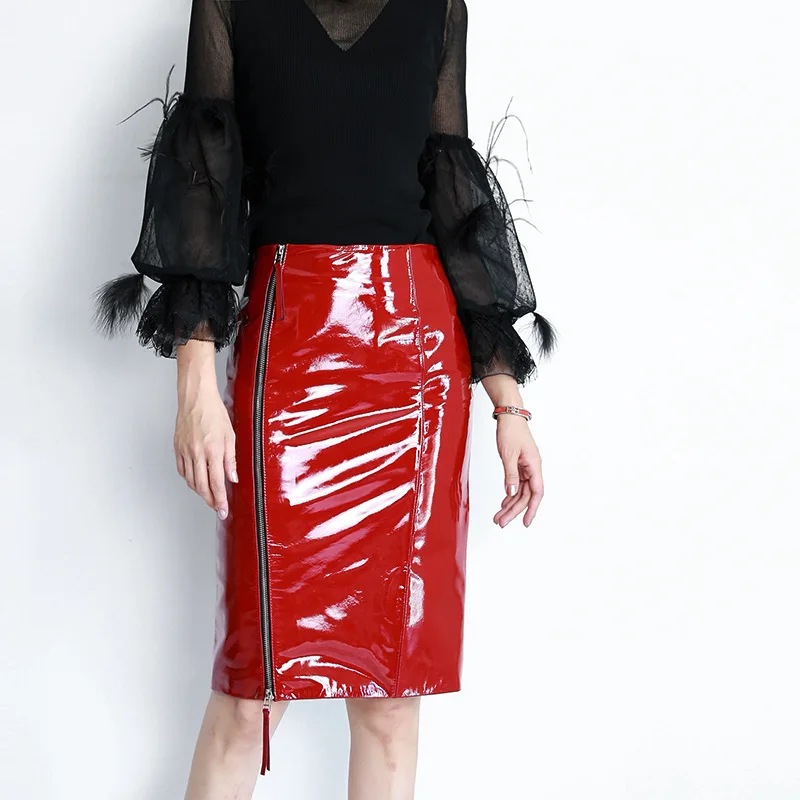 Echt Lederen Rok Vrouwen Rits Fashion Design Heldere Patent Midi Rokken Runway Hoge Kwaliteit Luxe Merk Bodycon Rok Echt Lederen Rok Vrouwen Rits Fashion Design Heldere Patent Midi Rokken Runway Hoge Kwaliteit Luxe Merk Bodycon Rok