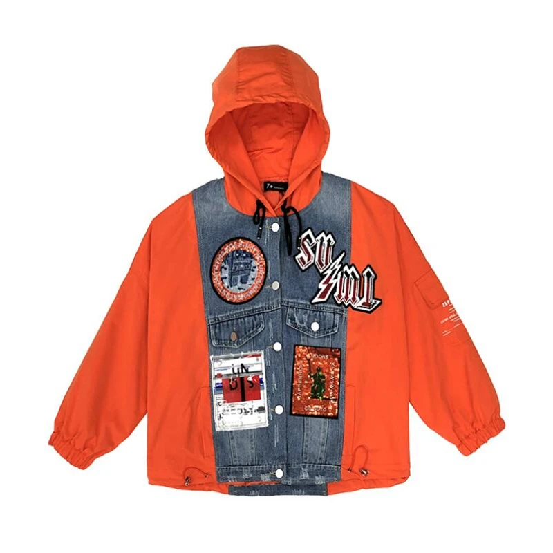 Women Army green New sequined letter badge hooded jacket female loose Jacket Casual Long sleeve Coat fashion Outerwear tops