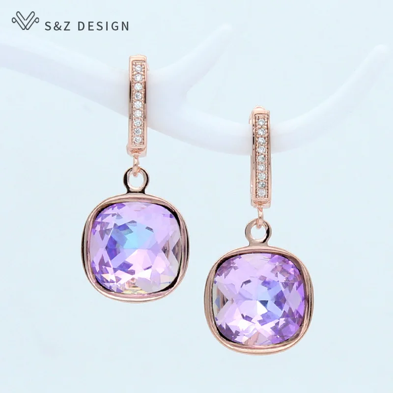 S&Z DESIGN Korean Fashion Elegant Colorful Square Crystal Dangle Earrings For Women Wedding Jewelry Gift 585 Rose Gold Eardrop
