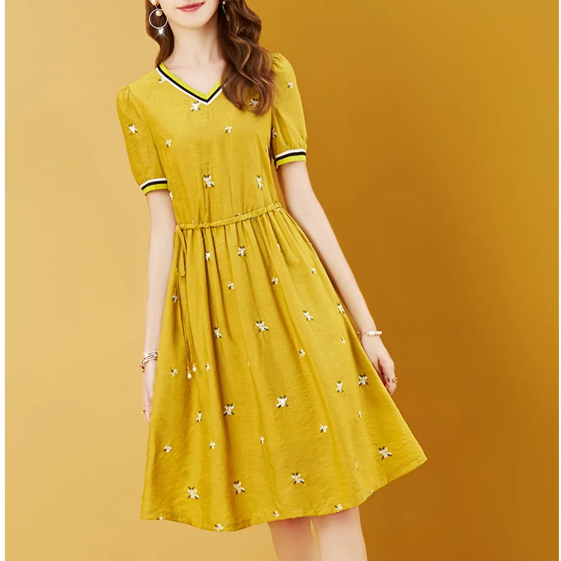 

WOMEN'S Dress Elegant Floral Print V-neck Dress Pullover Loose-Fit A- line Medium-length Dress Women's Summer 2019 New Style