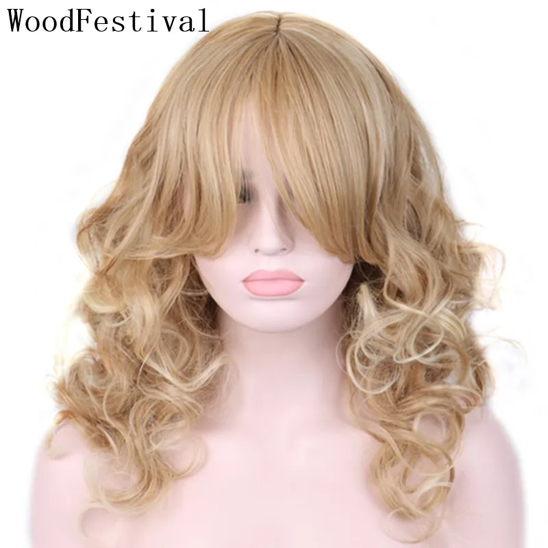 

WOODFESTIVAL 70cm long curly wigs women synthetic wigs blonde ombre wig with bangs heat resistant woman wig hair Real picture