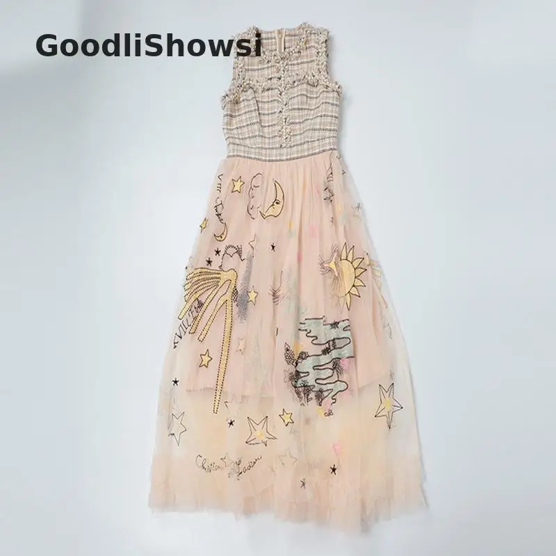 GoodliShowsi, милое элегантное платье в клетку, твид, пэтчворк, сетка, бисероплетение, дизайн с круглым вырезом, без рукавов, вышивка, женское миди платье-жилет