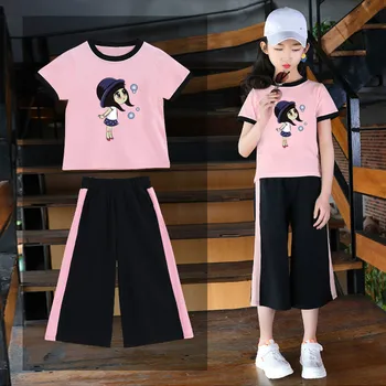 

Children's Clothing Summer Suit Short-sleeved Girls T-shirt Wide Leg Cropped Pants Two-piece Girl Clothing Teen Clothes