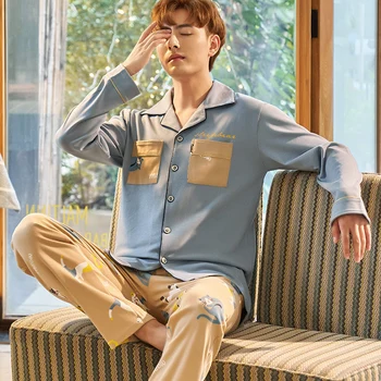 

Cotton Men's Long Sleeve Pyjamas Set Spring Turn Down Blue Male Nightwear Pants Pajama Sets 2020 Korean Sleepwear Suits