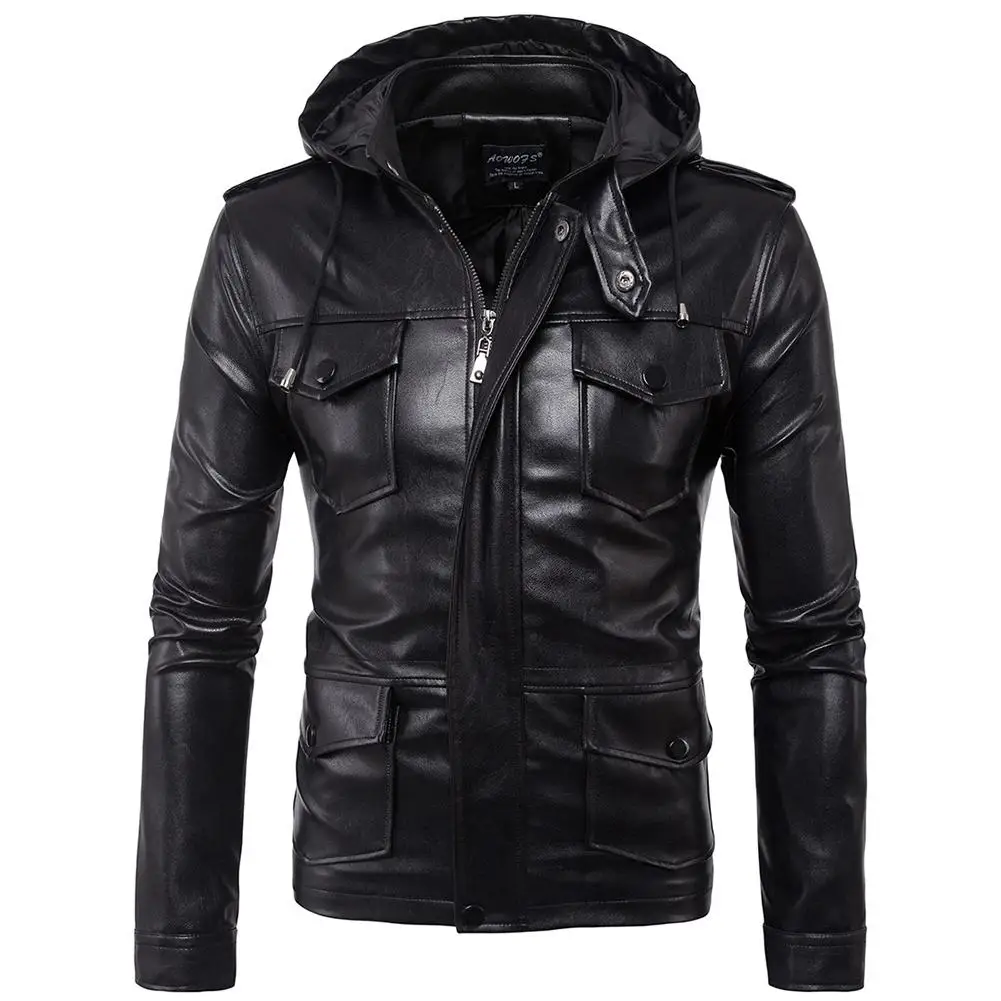 Men Faux Leather Black Motorcycle Leather Jacket Detachable Hooded Coat Fit Hoody Style Waterproof Men Tops For Autumn Winter