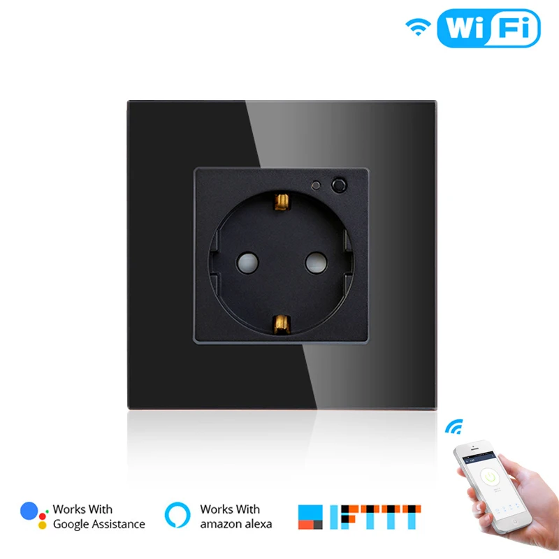 ЕС WiFi умная настенная розетка 16А розетка стеклянная панель Gemany Smart Life/Tuya пульт дистанционного управления работает с Amazon Echo Alexa Google Home - Цвет: Black