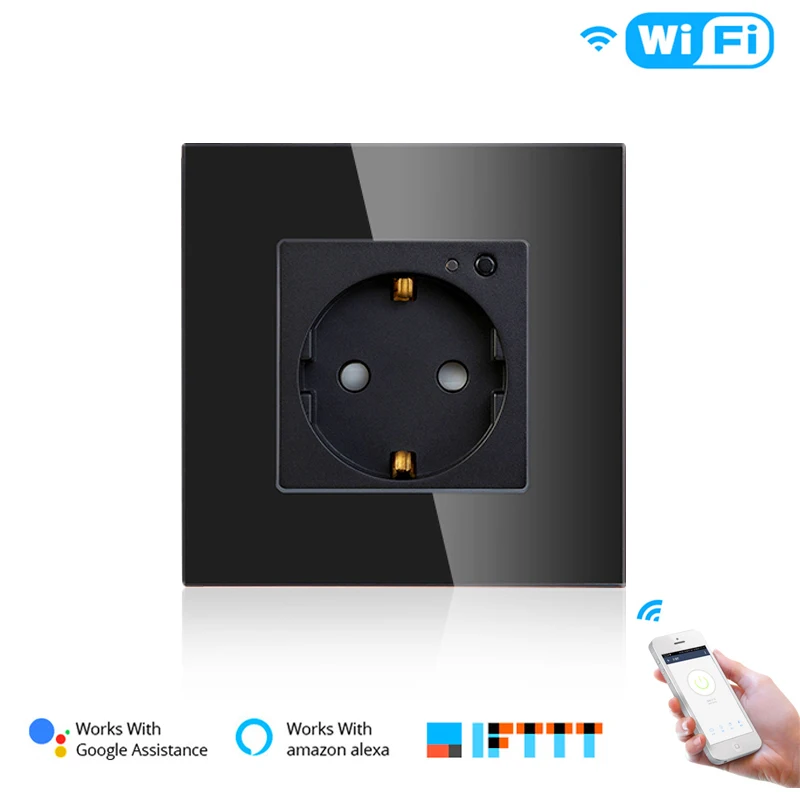 Black ЕС WiFi умная настенная розетка 16А розетка стеклянная панель Gemany Smart Life/Tuya пульт дистанционного управления работает с Amazon Echo Alexa Google Home - Цвет: Black