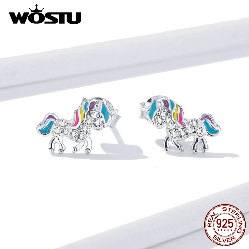 Женские серьги гвоздики WOSTU Licorne с единорогом 100% Стерлинговое Серебро 925 пробы