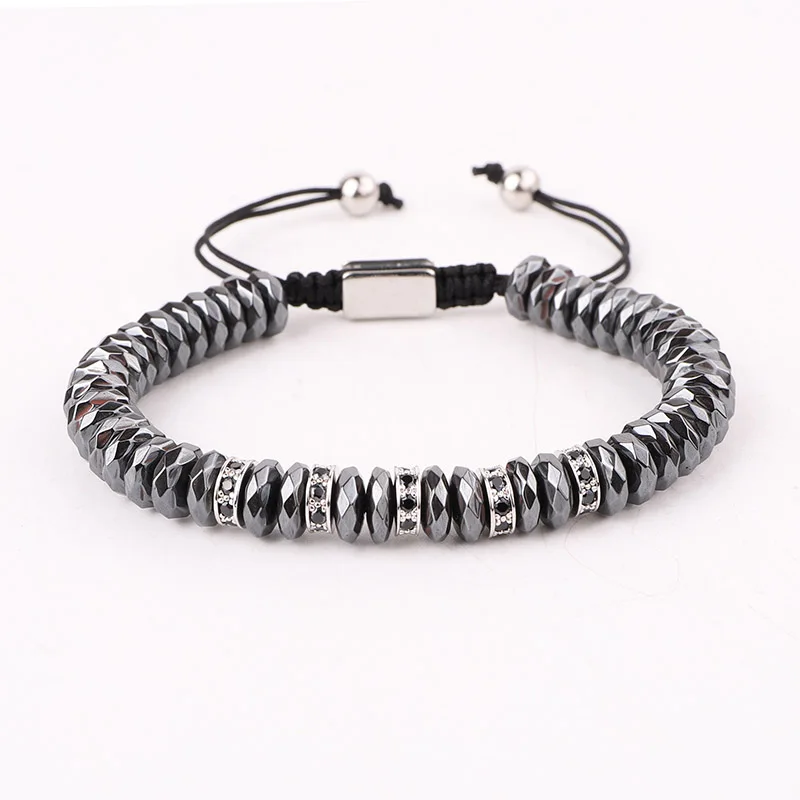 New Design Natural Faceted Hematite Beaded CZ Micro Pave Charms Handmade Adjustable Bracelet Men Jewelry Gift - Image 6