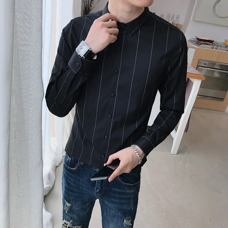 

High Quality Striped Shirt Men Simple All Match Mens Dress Shirts Long Sleeve Streetwear Casual Men Shirt Formal Wear Blouse Men