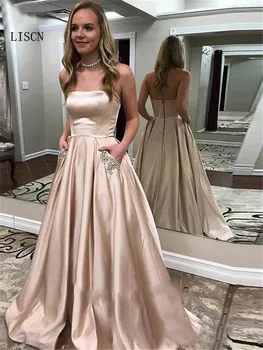 

Champagne Backless Rhinestones Strapless Beaded Robe de Soiree Prom Dress with Pockets Formal Party Gowns Silk Satin Sweep Train