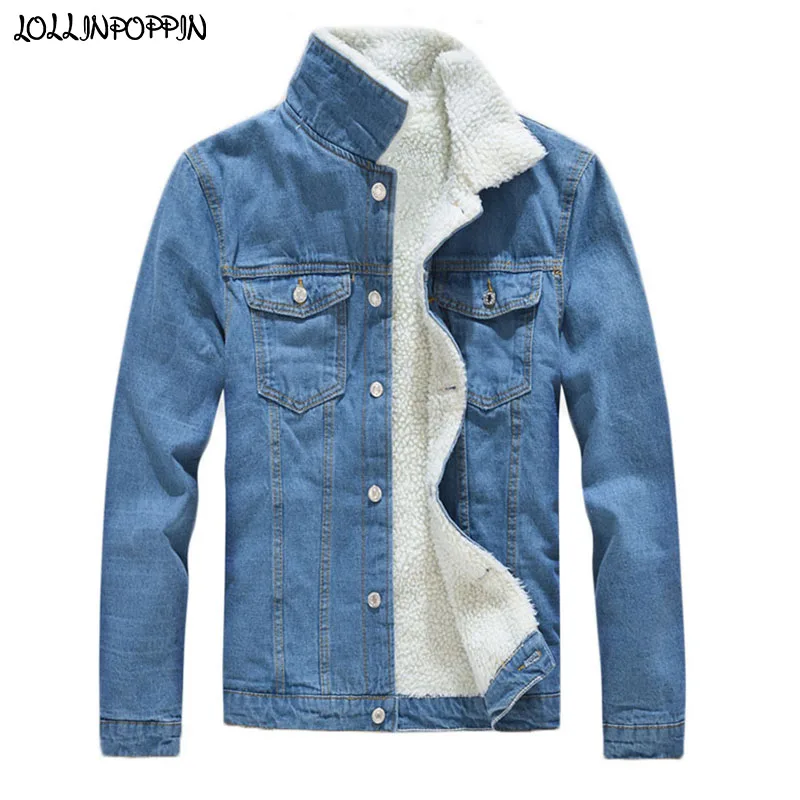 

2022 Winter Fleeced Lining Men Blue Denim Jacket Turn Down Collar Chest Flap Pockets Male Thick Coat Black