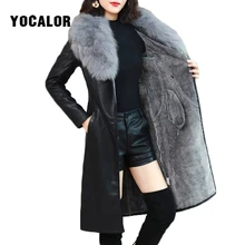 Зимние кожаные длинные свободные пальто с воротником из искусственного меха, Женская куртка-парка, Женская куртка Fourrure Femme, кролик, норка, овчина, модная лиса